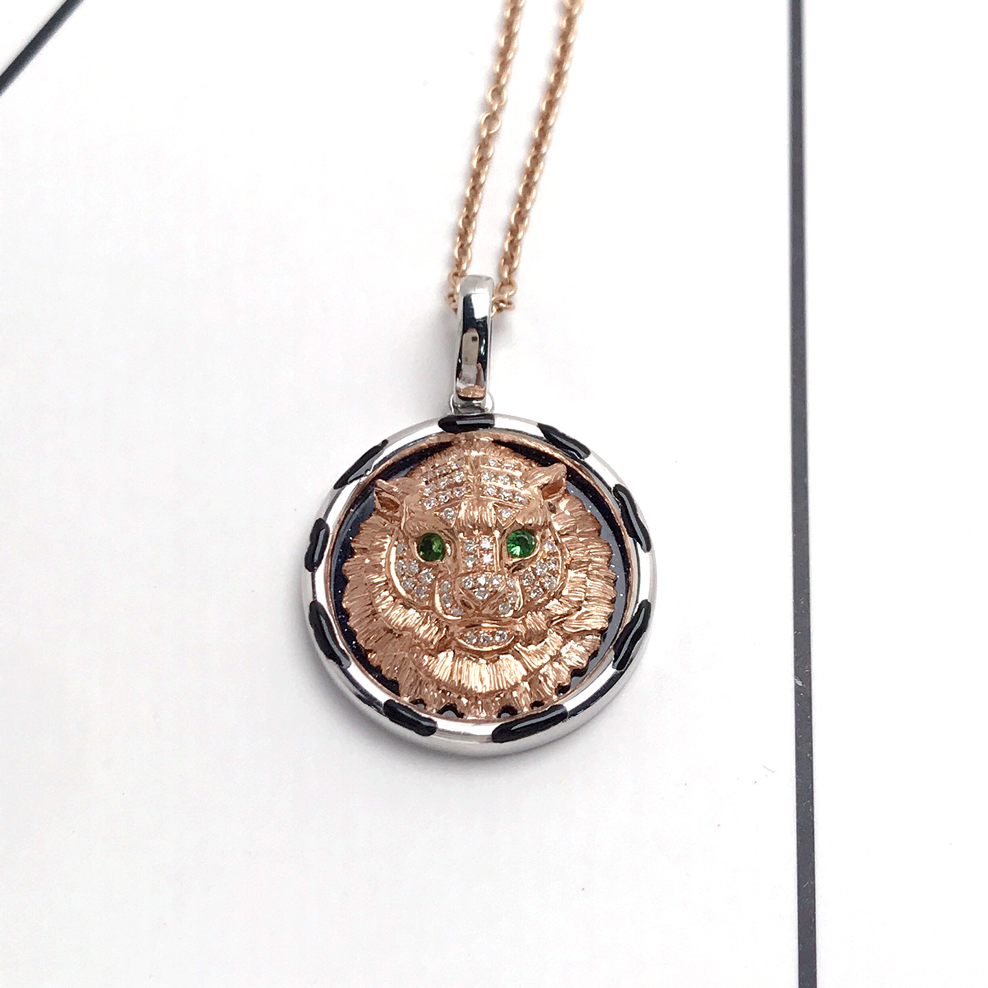 18K Real Solid Gold Chain Necklace For Men Tiger Diamond Pendant Jewelry