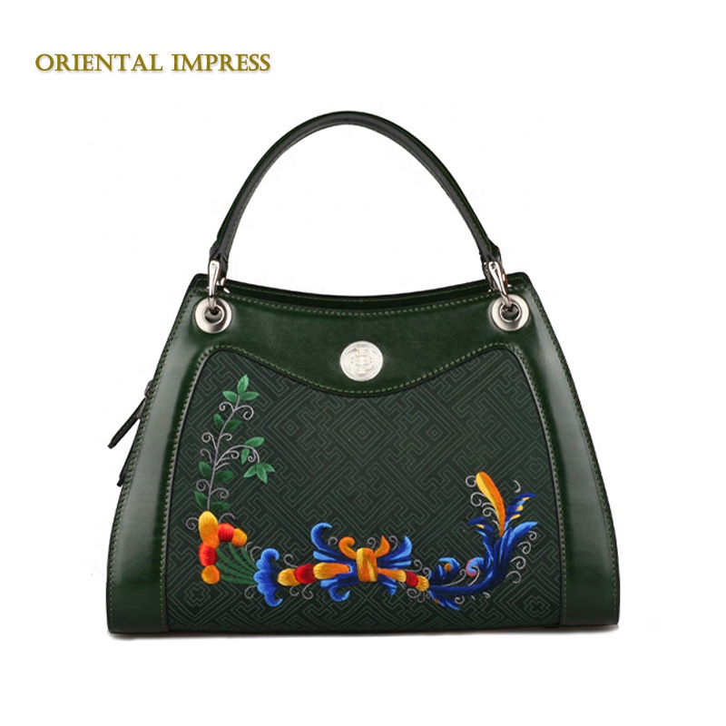 Hand-made embroidered ladies handbag trapezoid genuine leather bag